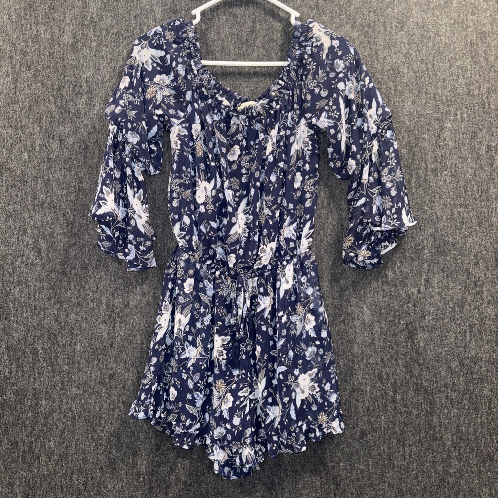 American Eagle Outfitters Small Romper Blue Floral Ruffle Sleeve Tie Waist Boho